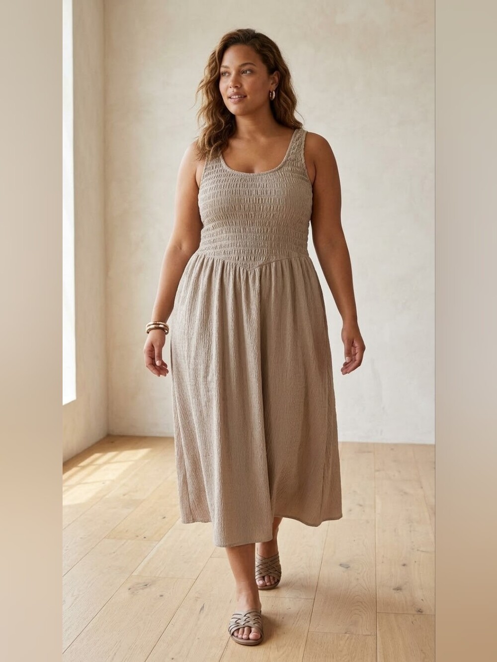 NWOT Old Navy Beige Textured Smocked Bodice Sleeveless Midi Dress | Size L